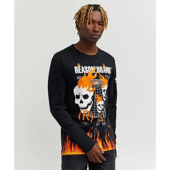 Reason T-Shirt Men’s Large Gray (Black Heather) Flaming Skulls Long Sleeve - Picture 7 of 9